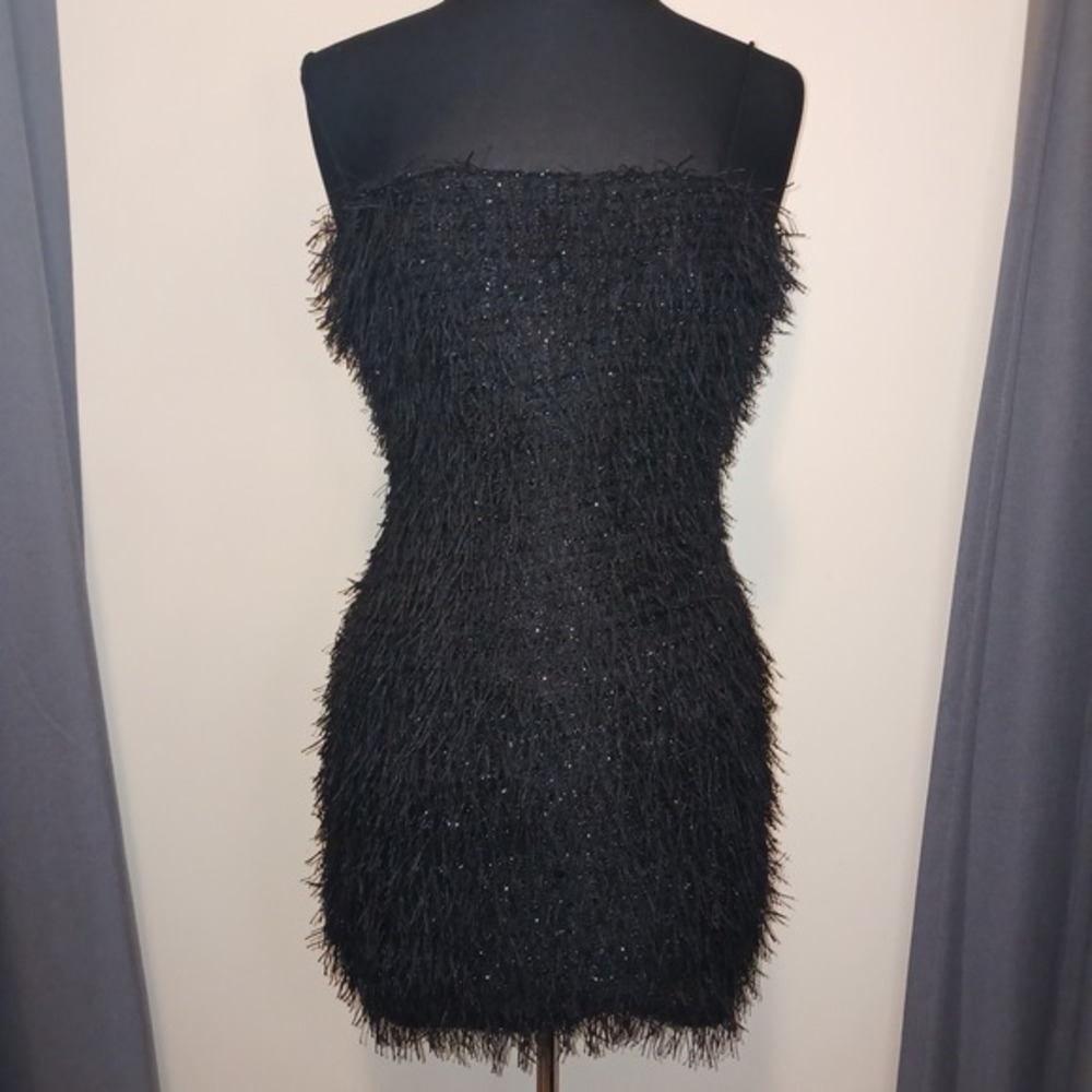 Forever‎ 21 Y2K Flapper Style Black Eyelash Fringe Metallic Shimmer Mini Dress M